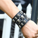 Gothic Punk Vintage Rock Skull Rivet Wide Leather Cuff Bracelet Black Alloy Pirate Skeleton Charm Bangle Belt Wristbands Jewelry - webtekdev