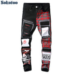 Sokotoo Men's skull printed Scottish plaid patchwork jeans Trendy patches design black ripped distressed denim long pants - webtekdev