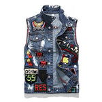 Denim Vests Men's Punk Rock Style Cowboy Blue Jeans Waistcoat Skulls Letter Embroidery Male Motorcycle Jacket Sleeveless Tanks (Blue M) - webtekdev