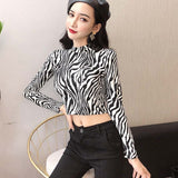 2019 New Fashion Sexy High Street Ladies Zebra Leopard Animal Print Shirts Women Turtleneck Long Sleeve Stretch Zebra Female Top - webtekdev