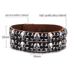 Mens Punk Leather Bracelets 2 Row Skull Head Crossbone Heavily Metal Style Wristband Cuff Bracelet Men Adjustable Jewelry - webtekdev