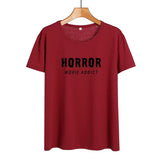 Horror Movie Addict Funny T Shirts Women Clothes 2019 Cotton Black White Tshirt Summer Tops Hip Hop Harajuku Tee Shirt Femme - webtekdev
