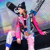 2019 Women Leather Jacket Street Fashion Rivets Leopard Letters Graffiti Colorful Eyes Print Motorcycle PU Leather Jacket Y8362 - webtekdev
