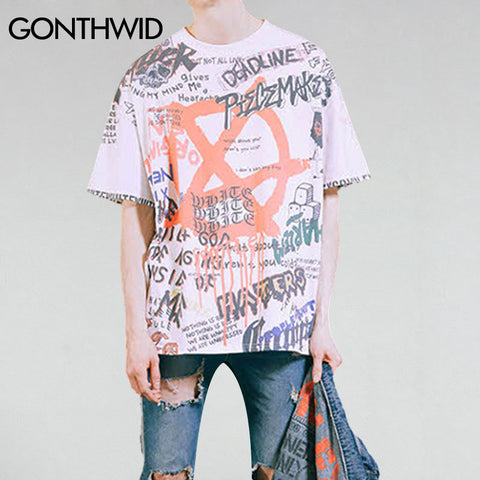 GONTHWID Graffiti Anarchy Symbol T-Shirt Punk Gothic Symbol Sign Printed Tshirts Men 2020 Summer Hip Hop Short Sleeve Streetwear - webtekdev