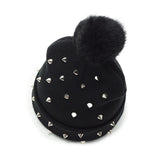 Women Girls Rivet Winter Pompom Beanies Hip Hop Punk Ball Knitted Hat Warm Bonnet Street Spikes Winter Wool Skullies Female Cap - webtekdev