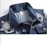 Mens Skull Print Denim Waistcoats Embroidery Patchwork Turn Down Collar Jeans Vests Slim Fit Sleeveless Jacket Jeans Vest J2907 - webtekdev