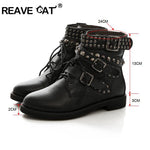 REAVE CAT Winter Women Round toe Lace Up Rivet Studded Low Heels Buckle Military Combat Motorcycle Riding Ankle boots Plus size - webtekdev