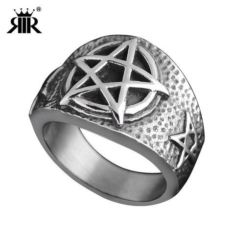 RIR New Store Retro Stainless Steel Wicca Ring High Quality Pentagram Punk Gothic Biker Style Ring For Men Fashion Jewelry Gift - webtekdev