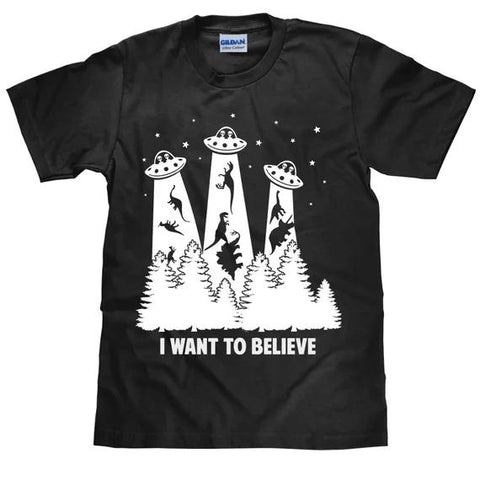 Funny Alien Printed Unisex Black T Shirt I Want To Believe Kawaii Dinosaur Summer Cotton Abduction Outer Space T Shirt Women New - webtekdev