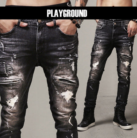 Mens Skinny Jeans Paris Runway Distressed Slim Elastic Jeans Denim Biker Ripped Jeans Hip Hop Pants Acid Washed Black Jeans Men - webtekdev