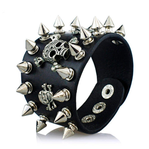 Unique Rock Spikes Rivet Gothic Skeleton Skull Punk Biker Wide Cuff Leather Bracelet S059 - webtekdev