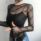 Sexy Gothic Punk Women Mesh Lace T-Shirts See-through Perspective Letter Print Long Sleeve Stretch Tops - webtekdev