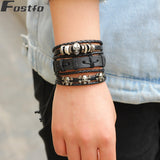 Fostfo 6pcs/set Black Wristband Genuine Skull Head Leather Charm Bracelet Men Jewelry Punk Vintage Braided Bracelet For Men (As picture) - webtekdev