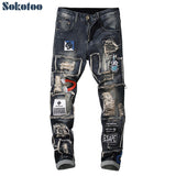 Sokotoo Men's patchwork ripped embroidered stretch jeans Trendy holes patches design slim straight denim pants - webtekdev