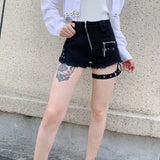 Punk Denim Shorts Women Dark Fashion Gothic Girl  Chic Zipper Sexy Cross Ring Hanging Bandage High Waist Shorts Summer Fashion - webtekdev