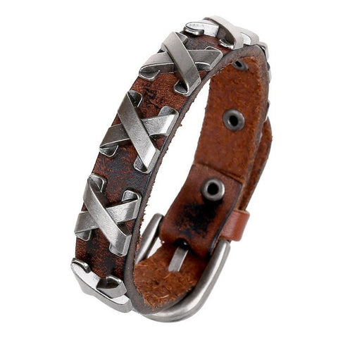 100% Genuine Cow Leather Men Bracelet Charm Jewelry Accessories Metal Rivets Cross Studded Wrap Bracelets Wristband Cuff Bangles - webtekdev