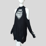 Black Gothic Long Sweaters Women Punk Hollow Out Off Shoulder Thin Hole Pullover Jumpers Cool Broken Knit Sexy Sweater Slit Top (Black One Size) - webtekdev