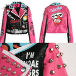 2019 Women Leather Jacket Street Fashion Rivets Leopard Letters Graffiti Colorful Eyes Print Motorcycle PU Leather Jacket Y8362 - webtekdev