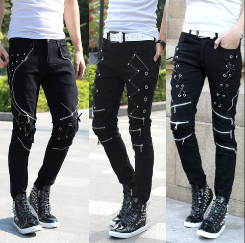 2020 New Arrival Spring Fashion Mens Punk Skinny Pants For Man Cool Cotton Casual Pants Zipper Slim Fit Black Goth Trousers 26 - webtekdev