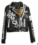 New 2017 Women Leather Jacket Heavy Rivets Leopard Printing Short Motorcycle Leather Long Sleeve Punk Rock Jackets AS6985 - webtekdev