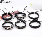 Fostfo 6pcs/set Black Wristband Genuine Skull Head Leather Charm Bracelet Men Jewelry Punk Vintage Braided Bracelet For Men (As picture) - webtekdev
