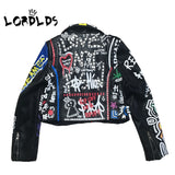 LORDLDS 2019 Leather Jacket Women Graffiti Colorful Print Biker Jackets and Coats PUNK Streetwear Ladies clothes - webtekdev