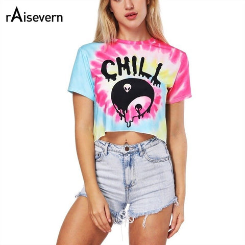 Raisevern Women Punk T Shirt Printed Alien CHILL Tops Casual Hip Pop T-shirt Rock Punk Style Letter Print Women Tshirts - webtekdev