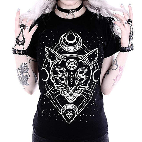 Star Punk Cat Print T-Shirt Fashion Women Galaxy Short Sleeve Cat Print Black Loose Punk Gothic Tops Casual T-Shirt Femme #570 - webtekdev