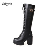 Gdgydh Hot Sale Spring Autumn Lacing Knee High Boots Women Fashion White Square Heel Woman Leather Shoes Winter PU Large Size 43 - webtekdev