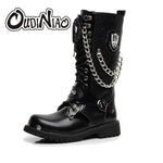 OUDINIAO Army Boots Men High Military Combat Men Boots Mid Calf Metal Chain Male Motorcycle Punk Boots Spring Men's Shoes Rock - webtekdev