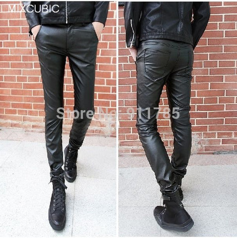MIXCUBIC 2017 new fashion spring Autumn  black washed tight leather pants men casual slim fit skinny leather pants for men,28-34 - webtekdev