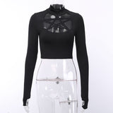 Goth Dark Punk Grunge Gothic T-shrits Harajuku Pentagram Mesh Long Sleeve Autumn 2019 Hollow Out Patchwork Tshirt Navel Vintage - webtekdev