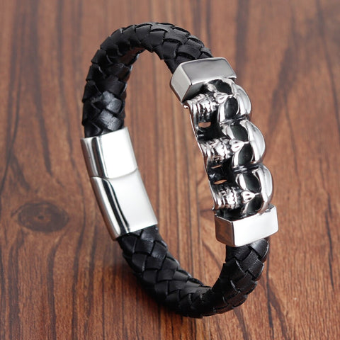 Punk Leather Bracelet Men Stainless Steel Skull Head Charms Bangles Multilayer Rope Wristband Male Gothic Jewelry Gifts - webtekdev