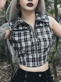 Rosetic Gothic Chic Sexy Club Punk Black Plaid  Women Tops Vest Slim Lapel Zipper Chain Plaid Female Goth Retro Hip Hop Shirt - webtekdev