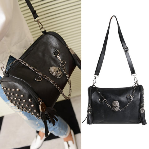 Womens Pu Leather Punk Rock Handbag Satchel Skull Rivet Tassel Shoulder Bag - webtekdev
