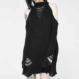 Gothic Cool Hollow Out Long Women Sweaters Black Off Shoulder Lady Punk Jumpers Broken Slit Hole Knit Sexy O-Neck Sweater 2020 (Black One Size) - webtekdev