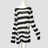 Plus size Gothic Sweater Women Loose Befree Winter Long Pullover Striped Hole Rock Hip-pop Sweaters Knit Jumpers Sweter Mujer - webtekdev