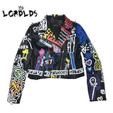 LORDLDS 2019 Leather Jacket Women Graffiti Colorful Print Biker Jackets and Coats PUNK Streetwear Ladies clothes - webtekdev