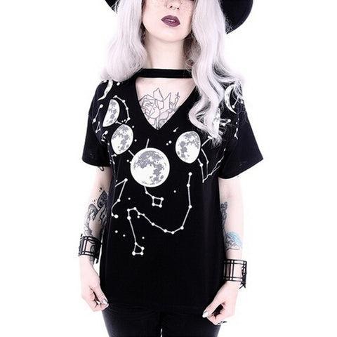 Women T-shirts Summer Gothic Punk Style Moon Print Short Sleeve V-neck Tshirts Plus Size Women T Shirt Streetwear Camisas Mujer - webtekdev