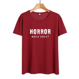 Horror Movie Addict Funny T Shirts Women Clothes 2019 Cotton Black White Tshirt Summer Tops Hip Hop Harajuku Tee Shirt Femme - webtekdev