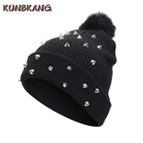 Women Girls Rivet Winter Pompom Beanies Hip Hop Punk Ball Knitted Hat Warm Bonnet Street Spikes Winter Wool Skullies Female Cap - webtekdev