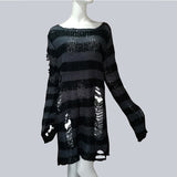 Plus size Gothic Sweater Women Loose Befree Winter Long Pullover Striped Hole Rock Hip-pop Sweaters Knit Jumpers Sweter Mujer - webtekdev