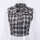 Rosetic Gothic Chic Sexy Club Punk Black Plaid  Women Tops Vest Slim Lapel Zipper Chain Plaid Female Goth Retro Hip Hop Shirt - webtekdev