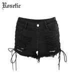 Rosetic Gothic Denim Shorts Bandage Black Hole Sexy Hot Fashion Summer Slim Ripped Jeans Short Pants Lacing Goth Casual Shorts - webtekdev