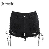 Rosetic Gothic Denim Shorts Bandage Black Hole Sexy Hot Fashion Summer Slim Ripped Jeans Short Pants Lacing Goth Casual Shorts - webtekdev