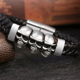 Stainless Steel Leather Bracelets & Bangles Double Black Layers Cowhide Braid Rope Gothic Skull Skeleton Men Jewelry 205mm - webtekdev