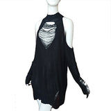 Gothic Cool Hollow Out Long Women Sweaters Black Off Shoulder Lady Punk Jumpers Broken Slit Hole Knit Sexy O-Neck Sweater 2020 (Black One Size) - webtekdev