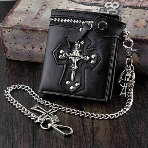 Mens Gothic Cross Clasp Leather Wallet with Antique Biker Chain Black - webtekdev