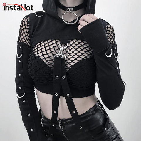 InstaHot Black Cold Shoulder Hooded Hoodies Women Gothic Sexy Autumn Long Sleeve Crop Tops Lady Cool Chain Fashion Clothes Loose - webtekdev