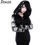 5XL Gothic Punk Women Print Long Sleeve Hoodies Sweatshirts Casual Zipper Jacket Hooded Tops Female Autumn Winter Black Hoodies. - webtekdev